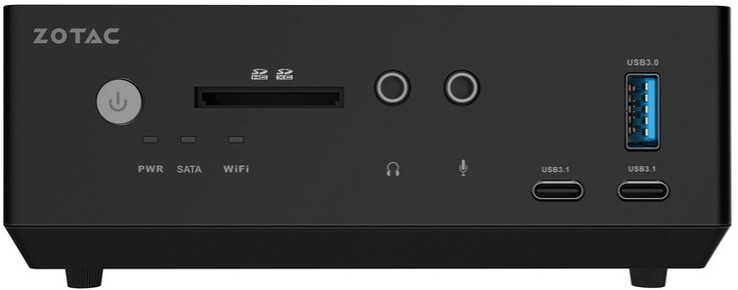 Vorne: Ein/Ausschalter, SD-Kartenleser, Kopfhörer, Mikrofon, 2x USB 3.1 Gen 2 (10 Gbit/s) Typ-C, 1x USB 3.0 (5 Gbit/s) Typ-A