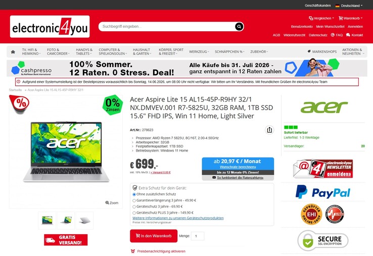 Acer Aspire Lite 15 AL15-45P-R9HY für 699 Euro.