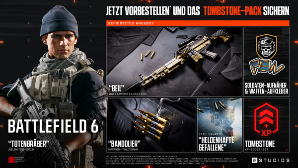 Vorbesteller von Battlefield 6 erhalten das Tombstone-Pack. Enthalten sind der Totengräber Soldaten-Skin, verschiedene kosmetische Items (Waffenkonfiguration, Talisman, Aufnäher, Aufkleber) und das wichtige Tombstone XP-Boost-Set (Bild: EA).