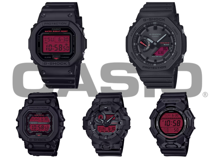 Im Uhrzeigersinn, beginnend oben links: Die Casio DW-5600BBR-1, GA-B2100BBR-1A, GD-010BBR-1JF, GA-700BBR-1AJF und GX-56BBR-1A – das gesamte ursprüngliche „Black and Bold Red“-G-Shock-Line-up auf einen Blick. (Bildquelle: Casio)