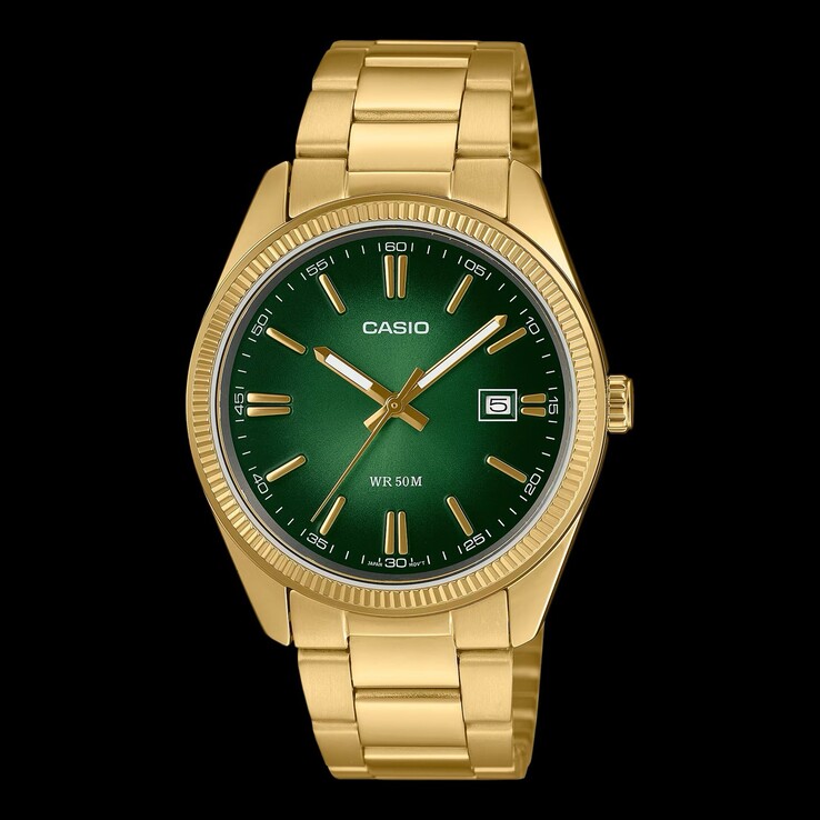 Casios neue, erschwingliche Armbanduhr MTP-1302PGC-3AV kombiniert ein leuchtend grünes Sonnenschliff-Zifferblatt mit einer geriffelten Lünette