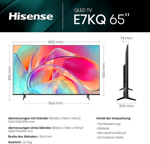 Die Abmessungen, das Gewicht und der Lieferumfang des 65E7KQ (Bildquelle: Hisense)