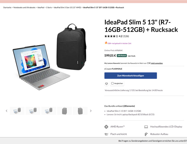 Das Bundle bestehend aus Lenovo IdeaPad Slim 5 13ARP10 (83J2001UGE) und einem Rucksack im Angebot für 599,01 Euro.