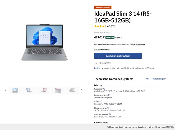 Lenovo IdeaPad Slim 3 14AMN8 (82XN009RGE) für 429,01 Euro.