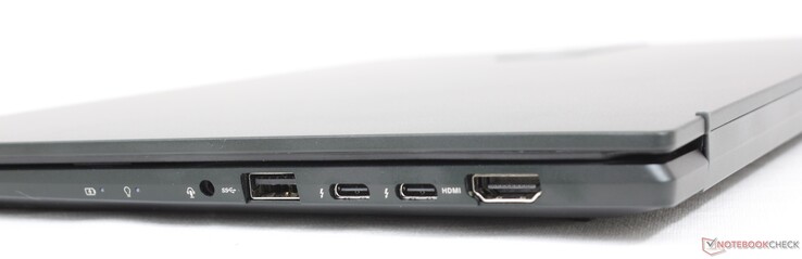 Rechts: 3,5-mm-Kopfhörerbuchse, USB-A 3.2 Gen. 1, 2x USB-C mit Thunderbolt 4 + DisplayPort + Power Delivery, HDMI 2.0b
