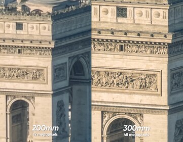 iPhone 17 Pro mit 12MP und 8x In-Sensor-Zoom (links) im Vergleich zu 48MP mit 12x Zoom durch das 300-600mm-Objektiv, dabei ergibt das Objektiv zusammen mit dem optischen 4-fach-/100mm-Zoom 300mm