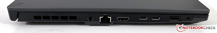 Links: Netzteil, Ethernet, HDMI 2.1 FRL, USB-C 4.0 (40 GBit/s, DisplayPort, Power Delivery), USB-C 3.2 Gen.2 (10 GBit/s, Power Delivery, DisplayPort, G-Sync), USB-A 3.2 Gen.1 (5 GBit/s), 3,5-mm-Kopfhörer