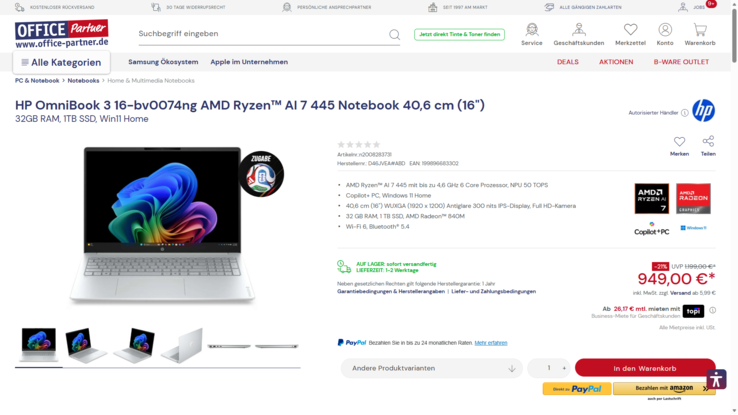 HP OmniBook 3 AI 16-bv0074ng für 949 Euro.