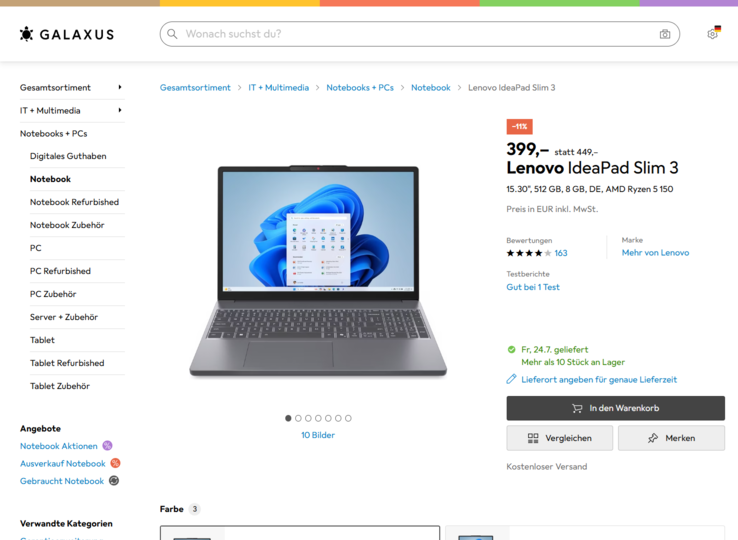 Lenovo IdeaPad Slim 3 15ARP10 83K700NPGE für 399 Euro.