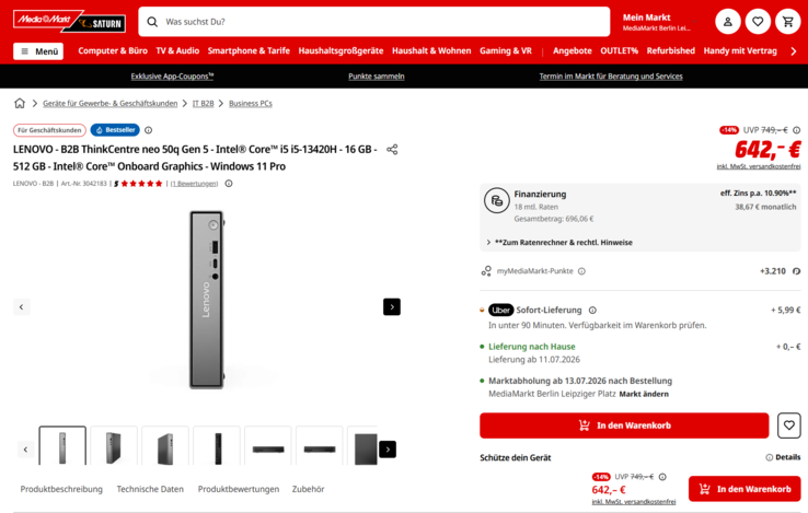 Lenovo ThinkCentre Neo 50q Gen 5 für 642 Euro.
