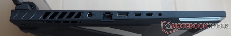 linke Seite: Energiezufuhr, RJ45-LAN, HDMI 2.1, Thunderbolt 4 (inkl. DisplayPort), USB-C 3.2 Gen2 (inkl. DisplayPort, Power Delivery, G-Sync), 3,5 mm Combo Audio