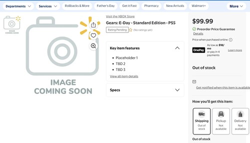 Walmart-Listing für PS5-Vorbestellung von Gears of War E-Day
