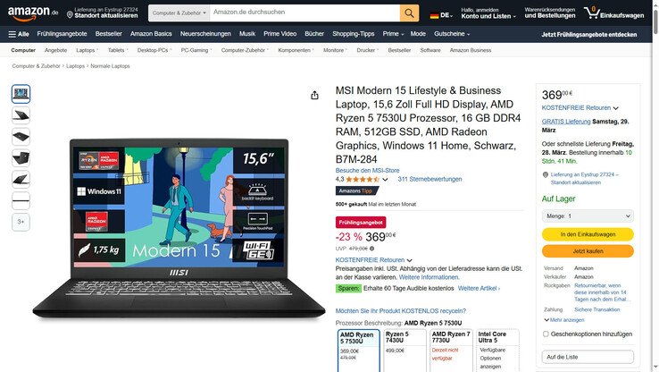 Das MSI Modern 15 B7M im Angebot für 369 Euro.