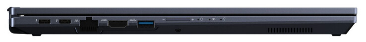 Linke Seite: 2x Thunderbolt 4 (USB-C; Power Delivery, Displayport), Gigabit-Ethernet, HDMI, USB 3.2 Gen 2 (USB-A), Lautstärkewippe