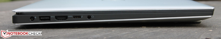Linke Seite: Netzteil, USB 3.0, HDMI, USB Type-C Gen. 2 + Thunderbolt 3, 3,5-mm-Audiokombo