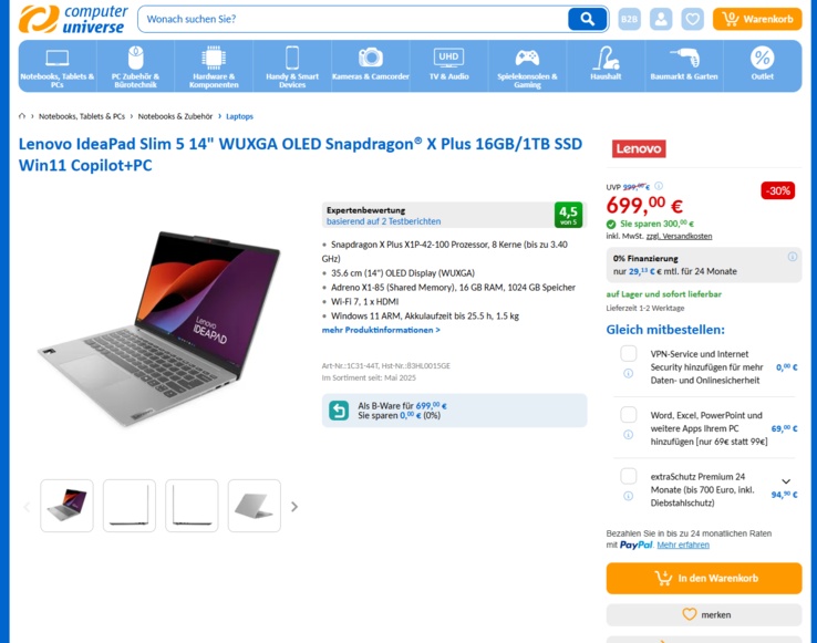 Lenovo IdeaPad Slim 5 14Q8X9 (83HL0015GE) für 699 Euro.