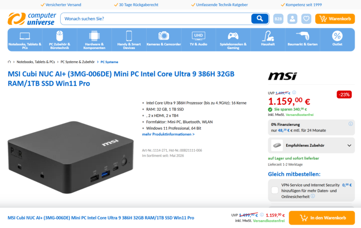 MSI Cubi NUC AI+ 3MG-006DE für 1.159 Euro.