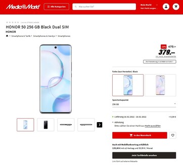 Das Honor 50 5G in der Topausstattung mit 256 GB ist auch bei Media Markt als Preiskracher erhältlich.