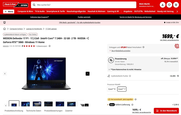 Das Medion Erazer Defender 17 P1 wäre dank einer Rabattaktion (Mehrwertsteuer geschenkt) bereits für 1.427,74 Euro zu bekommen.