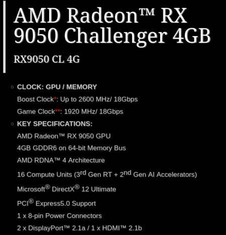 Screenshot der Spezifikationsseite der RX 9050 Challenger mit 4 GB.