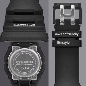 Zu den dezenten Designdetails zählen das Logo der Surfrider Foundation Japan auf dem Edelstahlgehäuseboden sowie der Slogan „#oceanfriendlylifestyle“ auf der Armbandschlaufe