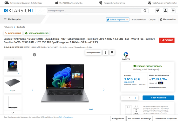 Lenovo ThinkPad X9-15 G1 21Q6001MGE für 1.615,76 Euro.