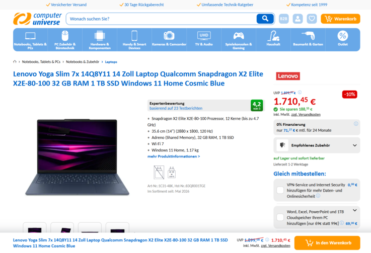 Lenovo Yoga Slim 7 14Q8Y11 83QR001TGE für 1.710,45 Euro.