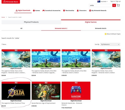 Preis des Remakes von Zelda: Ocarina of Time im australischen Nintendo Store.