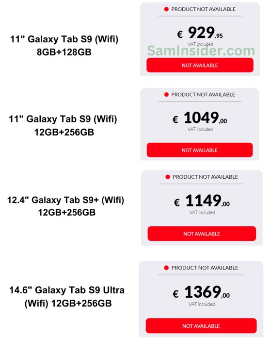 Geleakte Europreise für die Samsung Galaxy Tab S9 Serie, laut SamInsider.