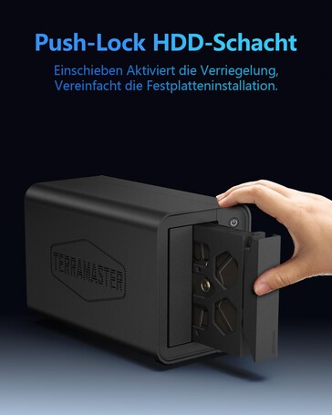 Es stehen zwei Einschübe für HDDs oder SSDs bereit (Bildquelle: TerraMaster)