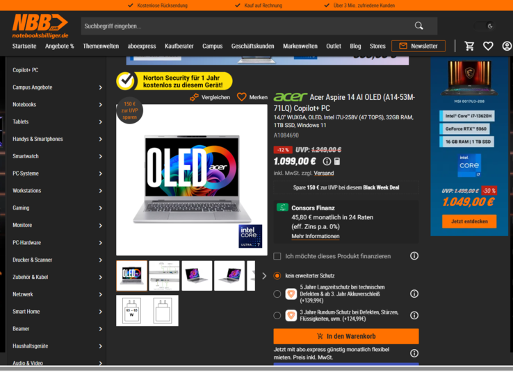 Acer Aspire 14 AI OLED A14-53M-71LQ für 1.099 Euro.