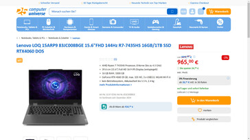 Lenovo LOQ 15ARP9 für 965 Euro.