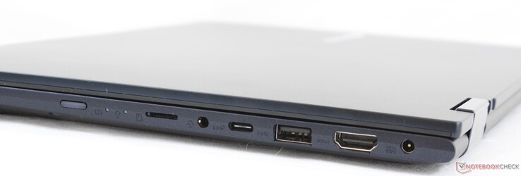 Rechts: Ein/Ausschalter, MicroSD-Kartenleser, 3,5-mm-Audio-Kombo, USB 3.2 Gen 2 Typ-C, USB 3.2 Gen 2 Typ-A, HDMI, Netzteil