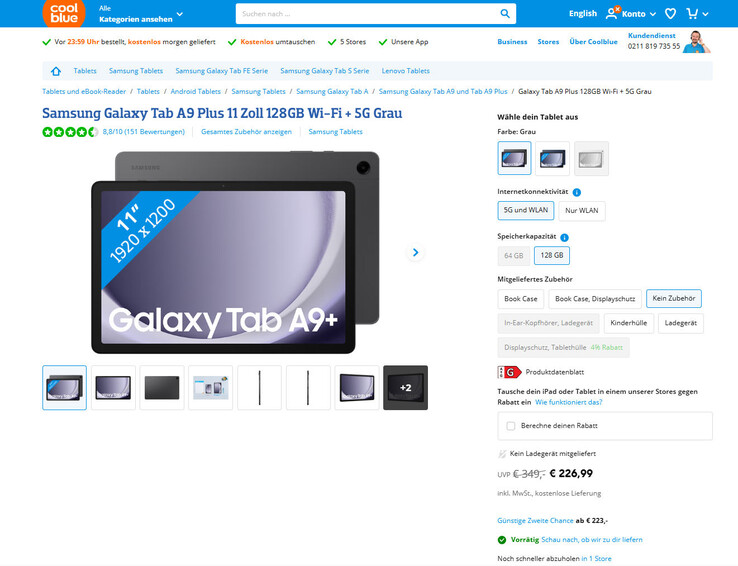 Samsung Galaxy Tab A9+ (SM-X216BZAEEUB) für 226,99 Euro bei Coolblue.de.