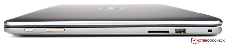 rechts: Power on, Lautstärkewippe, SD-Kartenlesegerät, USB 2.0, Noble Sicherheitsschloss