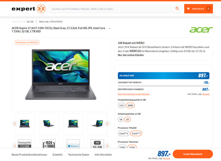 Acer Aspire 17 A17-51M-72CG für 897 Euro.