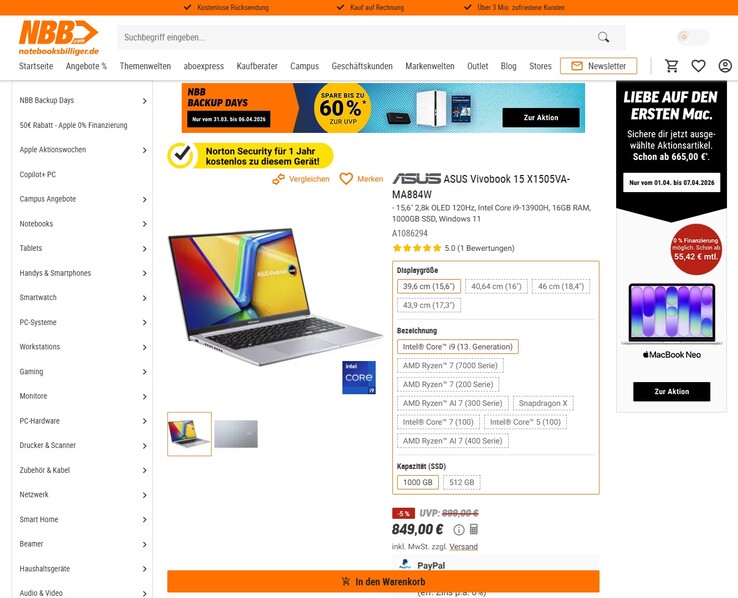 Asus VivoBook 15 OLED X1505VA-MA884W für 849 Euro.