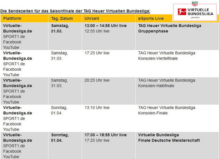 Sendezeiten und Spielplan zur Deutschen Meisterschaft in der TAG Heuer Virtuellen Bundesliga (VBL)