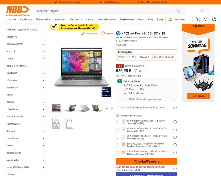 HP ZBook Firefly 14 G11 (5G3Y7ES) für 829 Euro. Mittels einer Cashback-Aktion ließe sich der Preis um 100 Euro verringern.