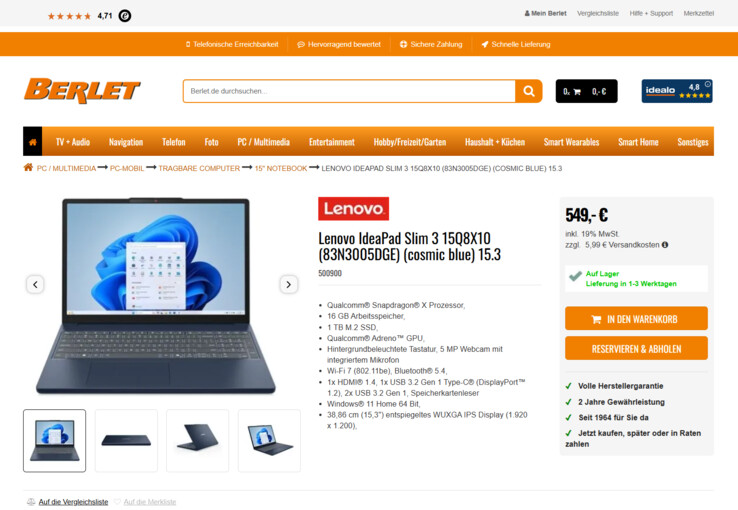 Lenovo IdeaPad Slim 3 15Q8X10 83N3005DGE für 549 Euro.