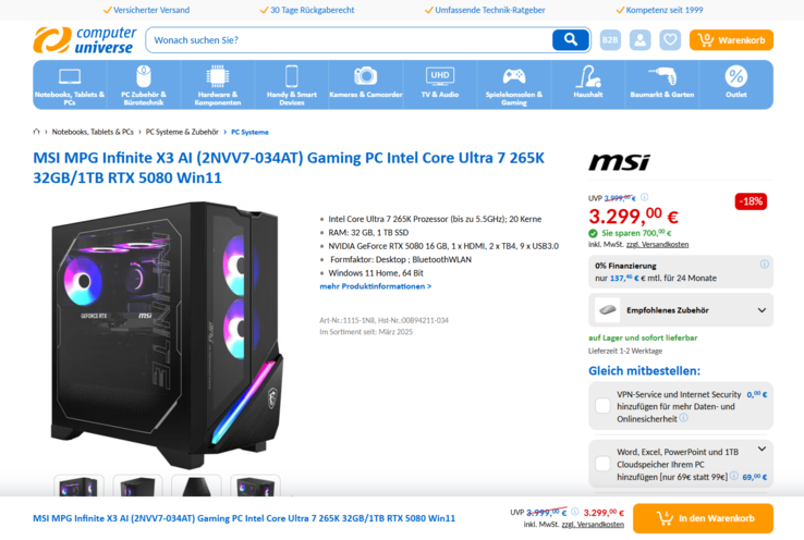 MSI MPG Infinite X3 AI 2nd 2NVV7-034AT für 3.299 Euro.