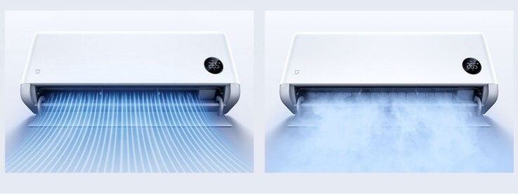 Eine Illustration der „sanften Brise“ der Xiaomi Mijia Air Conditioner Powerful Air Pro Ultimate Edition (rechts) im Vergleich zu einem typischen Modell (links).