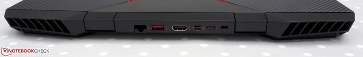 Rückseite: RJ45-LAN, USB-A 3.1 Gen1, HDMI, Mini-DisplayPort, USB-C 3.1 Gen1, Kensington Lock
