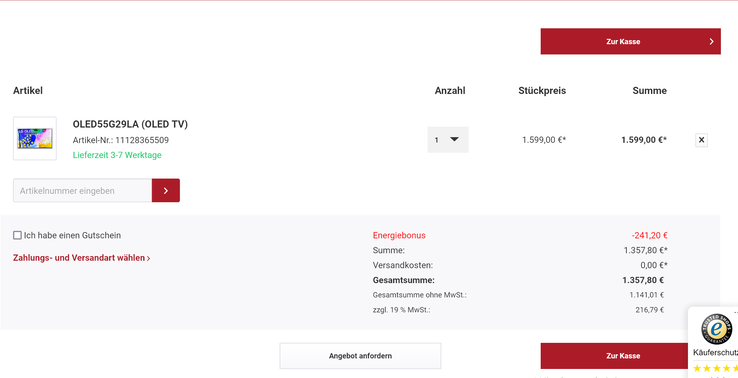 Weitere 200 Euro Rabatt erhält man durch LGs Cashback Aktion