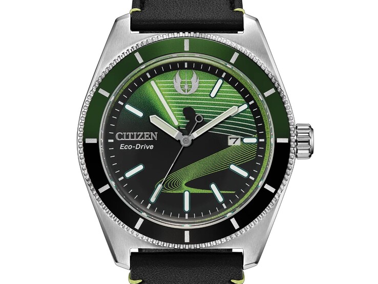 Citizen Luke Skywalker, Jedi Master AW1910-48W mit schwarz-grünem Zifferblatt, Luke-Skywalker-Silhouette und einem vom grünen Lichtschwert inspirierten Design.
