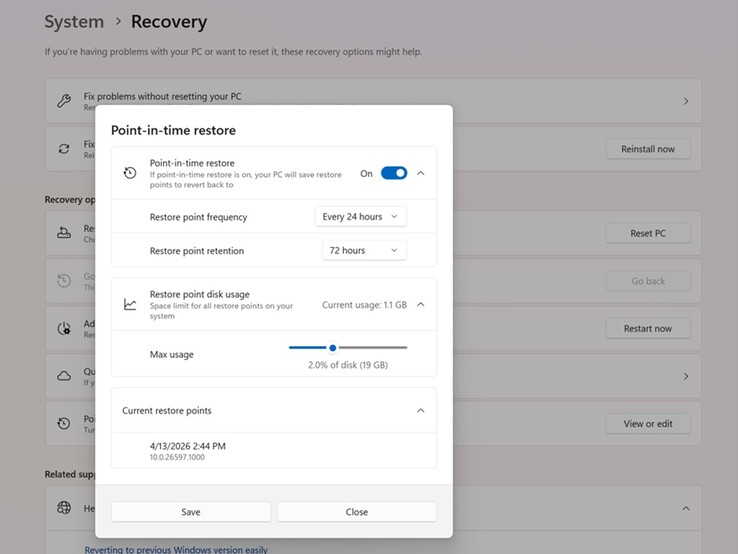Die Benutzeroberfläche der Microsoft-Funktion Point-in-Time Restore