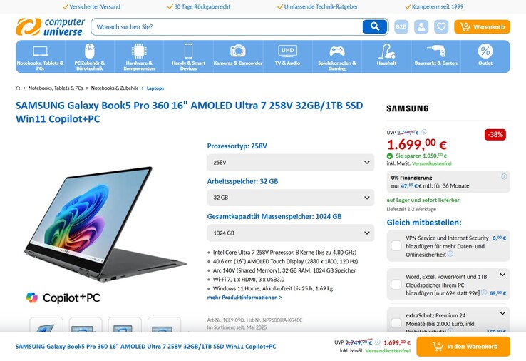 Samsung Galaxy Book5 Pro 360 (NP960QHA-KG4DE) für 1.699 Euro.