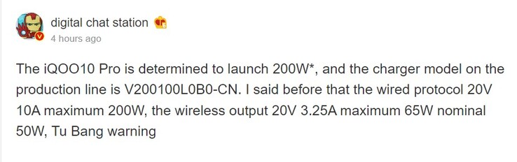 Das iQOO 10 Pro soll laut Leaker Digital Chat Station mit 200 Watt laden.
