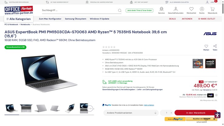 Asus ExpertBook PM1 PM1503CDA-S70063 für 489 Euro.