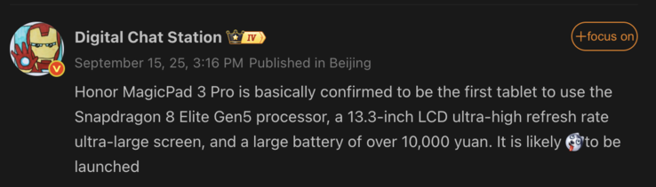 Der neue Leak zum Honor MagicPad 3 Pro (Bildquelle: Weibo - maschinell übersetzt)